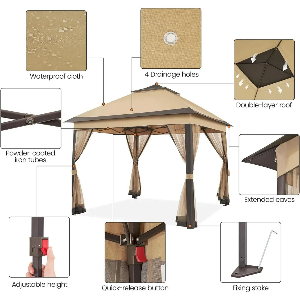 11x11 Pop Up Gazebo Outdoor Canopy Shelter, Instant Patio Gazebo Sun Shade Canopy Tent with 4 Sandbags, Double Tiers
