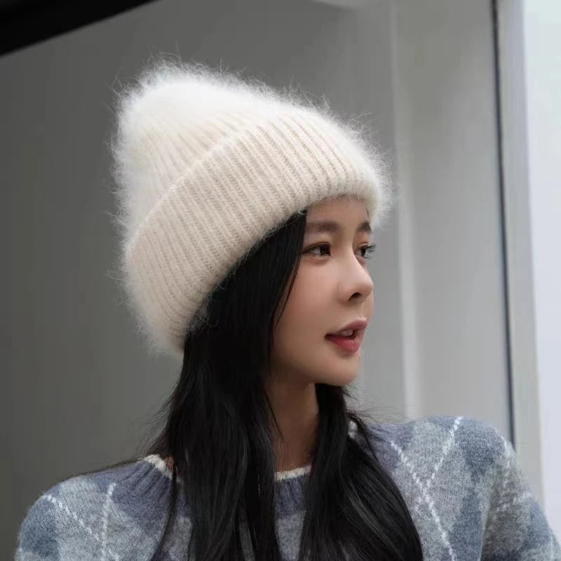 2023 Rabbit Fur Beanies Soft Warm Fluffy Winter Hat for Women Angora Knitted Hat Skullies Beanies Female Bonnet Woman Knit Cap