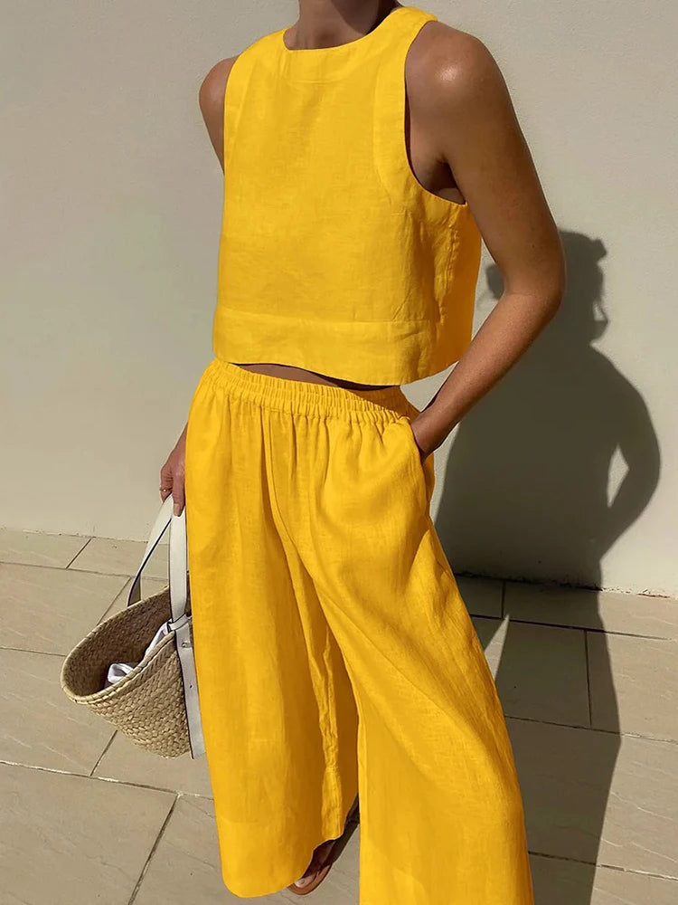 Elegant Two-Piece Summer Set for Women: Chic White or Black Tank Crop Top with Wide Leg Pants