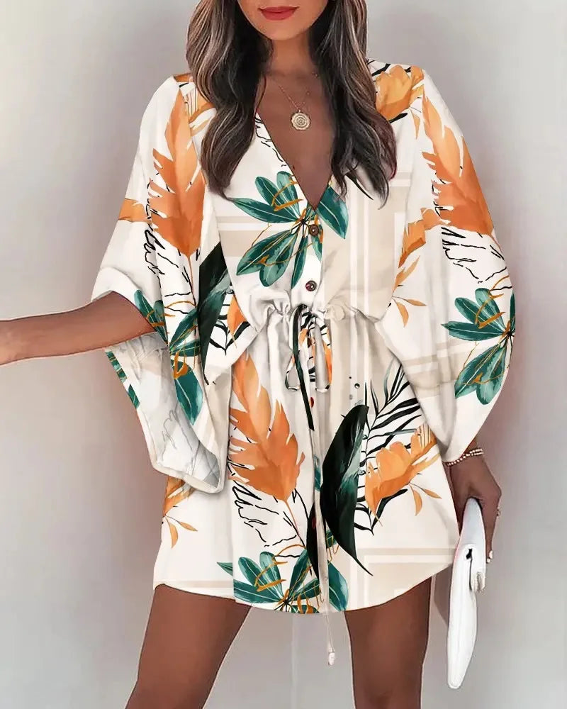 Chic Summer V-Neck Lace-Up Print Beach Dress - Stylish Mini Dress for Women