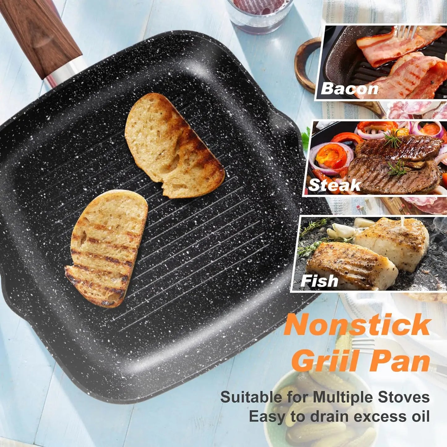 DishDelight 17 Piece Pots and Pans Set Non Stick, Nonstick Induction Granite Kitchen Cookware Sets, Induction Cookware Frying Pa