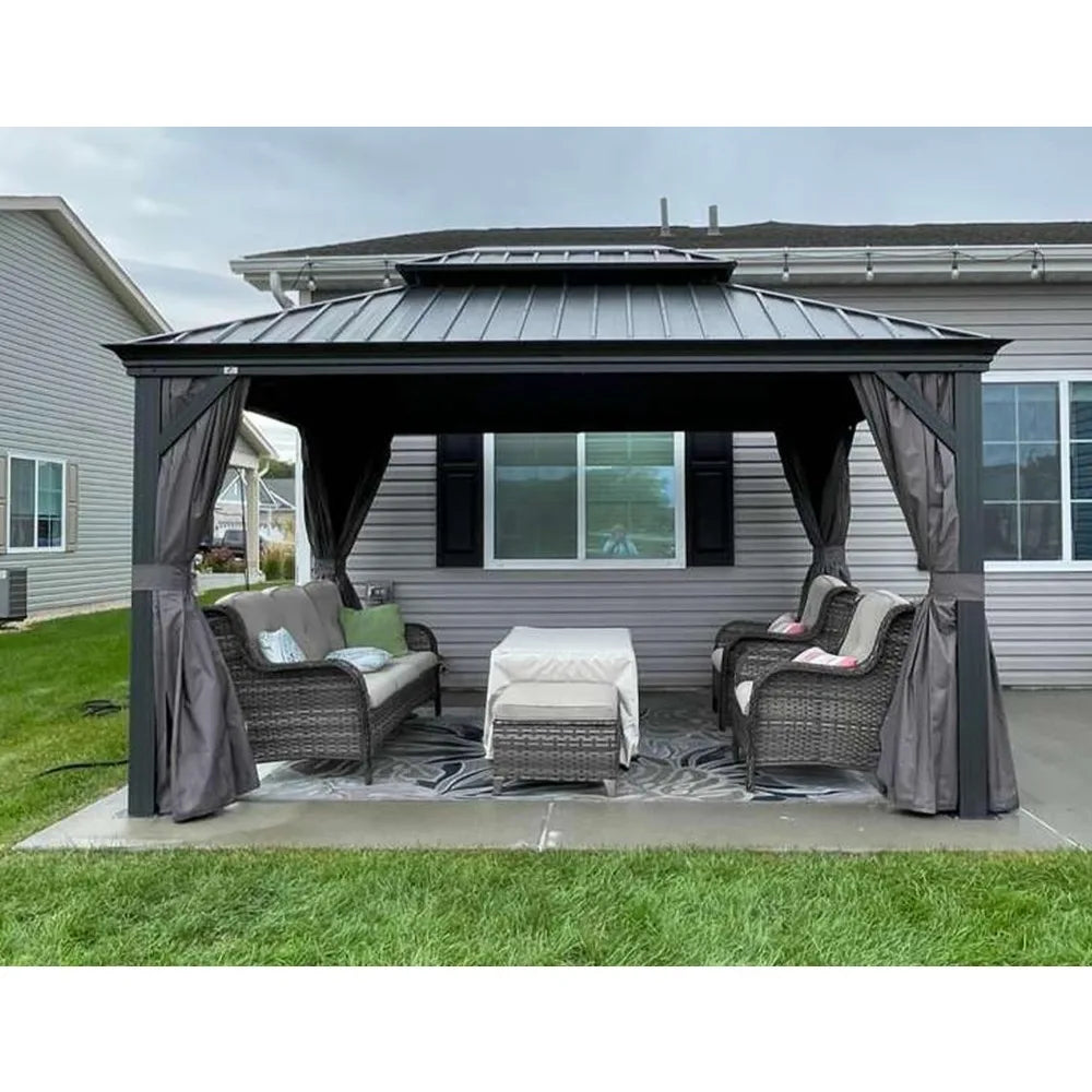 14X20 Permanent Hardtop Gazebo with Galvanized Steel Double Roof for Patio Lawn and Garden, Curtains and Netting Included,Grey