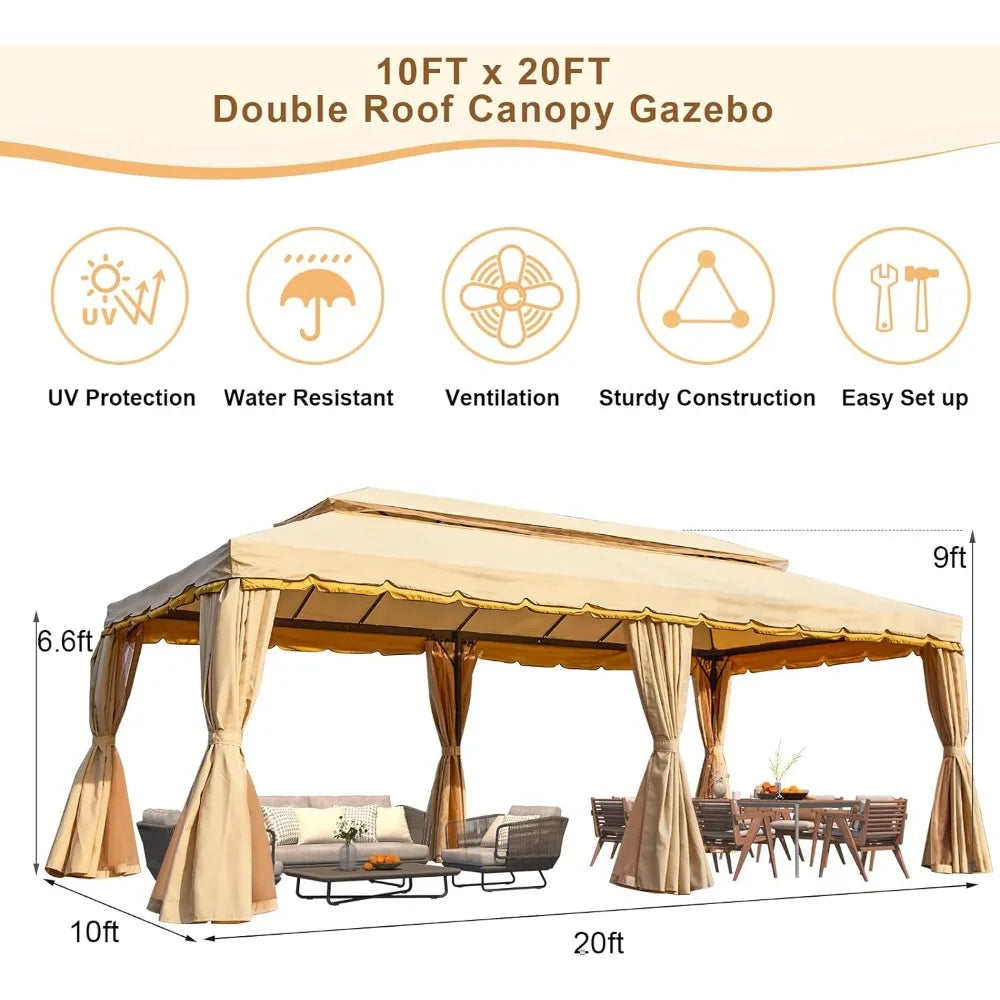 10x20 Gazebo, Double Roof Patio Steel Frame with Netting and Shade Curtains for Outdoor Canopy Garden, Patio Umbrellas Tents