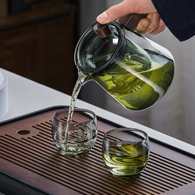 GIANXI Retro Glass Teapot Wood Handle Chinese Tea Ceremony Transparent Teawear Set Cup Filter High Boron Silicon Pot 530ML