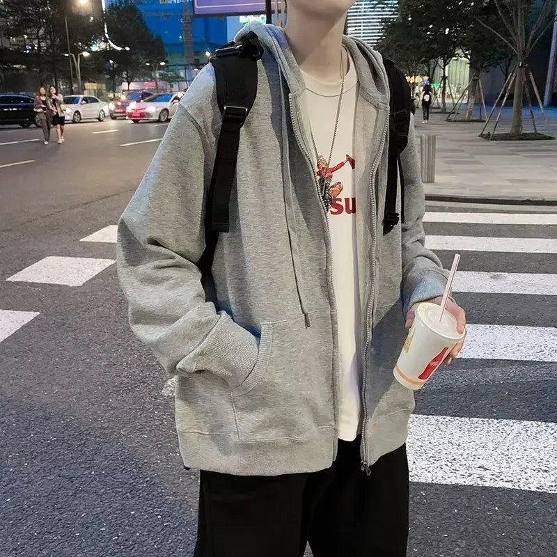 New Spring Autumn Men's Hooded Sweatshirt Cardigan Hong Kong Style Bf Trendy Brand Student Trendy Loose Fit Casual Sports Jacket