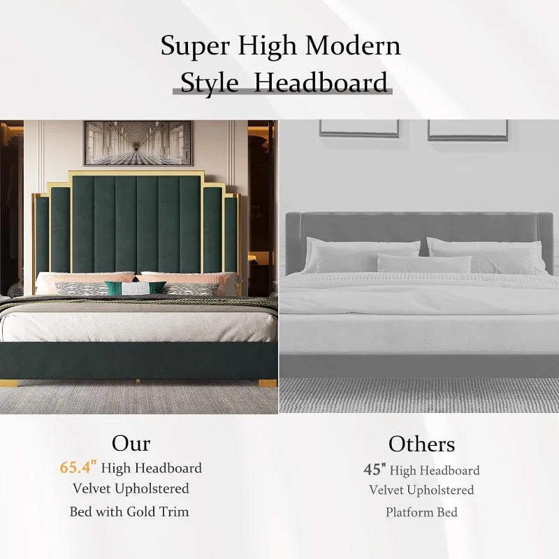 Albott King Size Platform Bed Frame, 65" Velvet Upholstered Bed with Gold Trim Headboard/Wooden Slats/No Box Spring Needed/Green