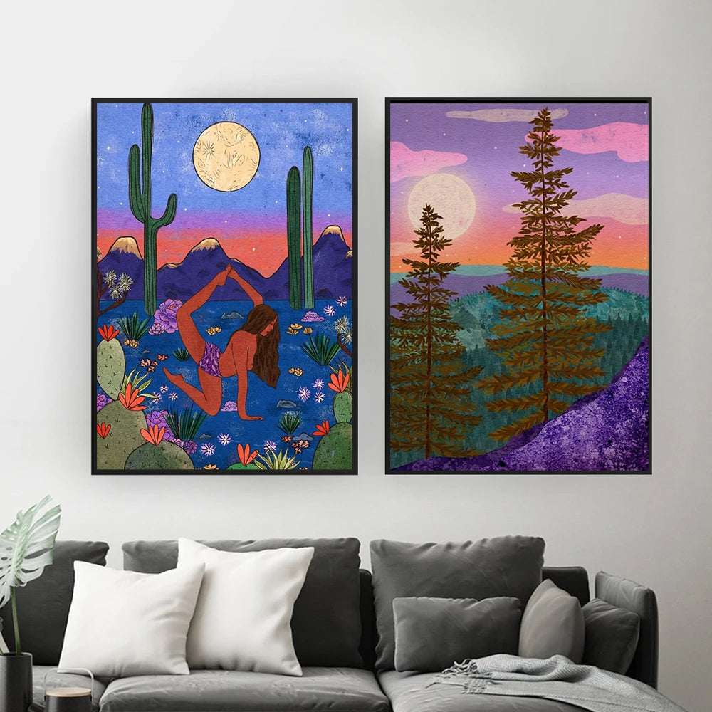 Boho Yoga Women Mystic Woods Wall Art Beach Moon Canvas Painting Nordic Posters And Prints Wall Pictures For Living Room Decor