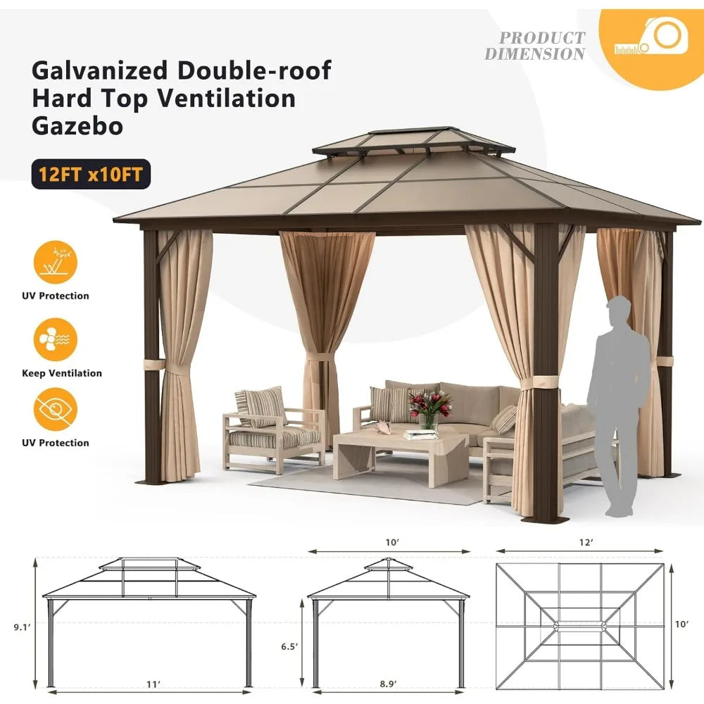 10'x12' Hardtop Gazebo, Double Roof Gazebo, Aluminum Frame Permanent Pavilion with Netting and Curtains