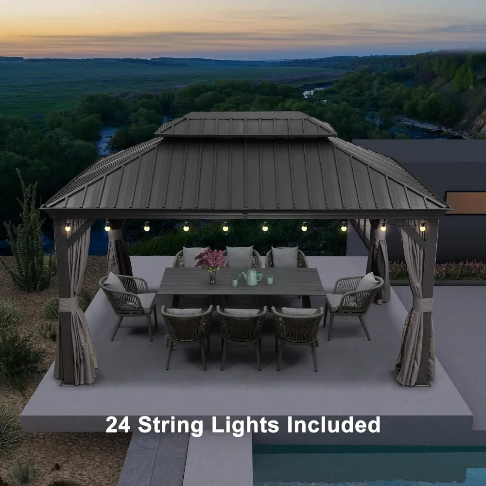 14X20 Permanent Hardtop Gazebo with Galvanized Steel Double Roof for Patio Lawn and Garden, Curtains and Netting Included,Grey
