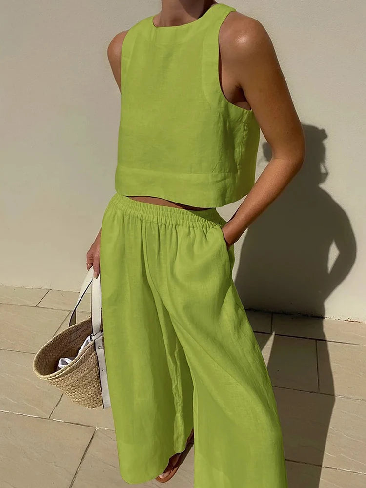Elegant Two-Piece Summer Set for Women: Chic White or Black Tank Crop Top with Wide Leg Pants