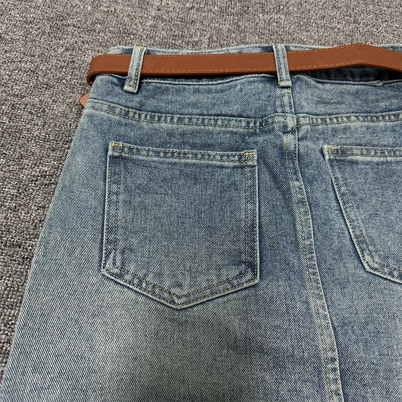 Denim Skirt Women Belt Fashion New 2024 Summer A-line Pocket High Waist Casual Streetwear Female Bottom Mini Skirts