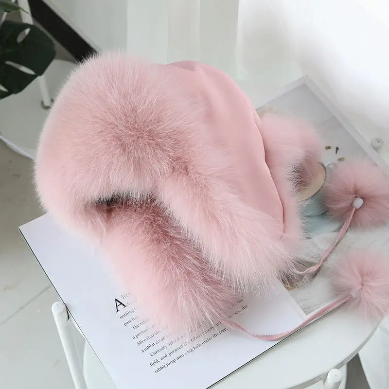 2024 100% Real Fox Fur Hats Women's Russian Ushanka Aviator Trapper Snow Skiing Hat Caps Earflap Winter Raccoon Fur Bomber Hat