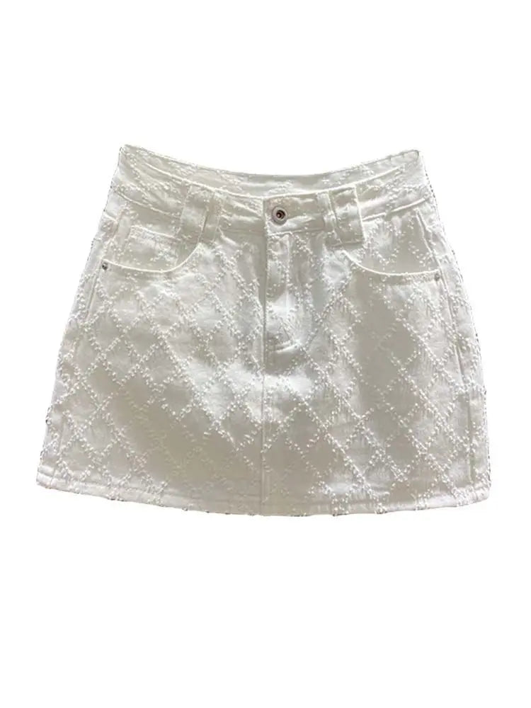 Summer New Diamond Plaid White Denim Skirt Women's High Waist Slimming A- line Anti-Exposure Hot Girl Sheath Skirt