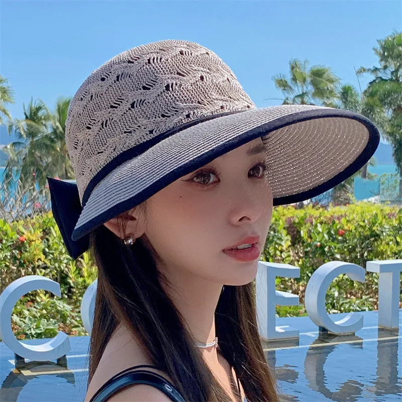 Fashion Korean Version Straw Hat With Hollow And Breathable Sun Hat With Bow Foldable Sunscreen Hat For Women Simple Sun Hat