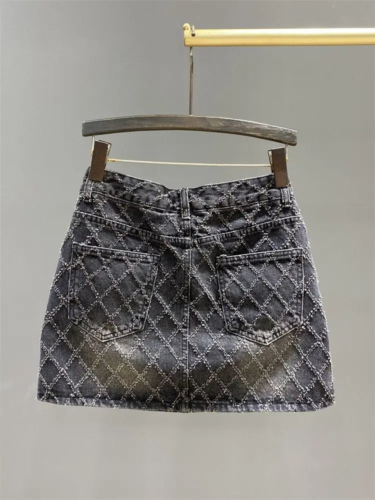 Summer New Diamond Plaid White Denim Skirt Women's High Waist Slimming A- line Anti-Exposure Hot Girl Sheath Skirt
