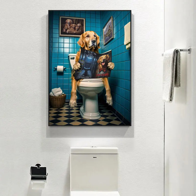 Funny Highland Cow Chimpanzee Dog Poster Toilet Bathroom Decor Animal Reading Newspaper Canvas Painting Wall Art Pictures Home