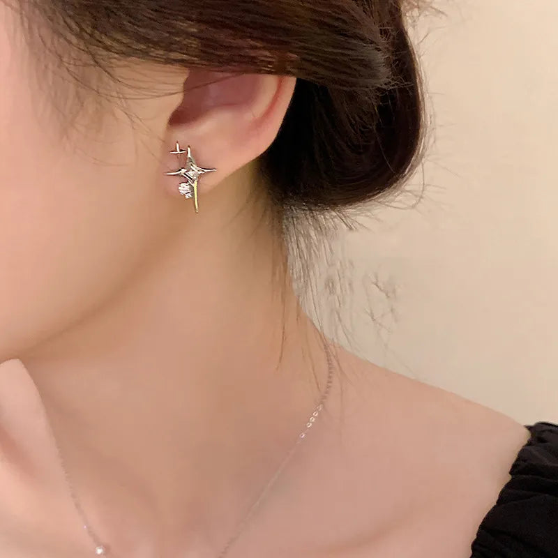 2023 Fashion Silver Color Cross Star Zircon Stud Earrings for Women Girl Korean Four-Pointed Star Personality Earring Jewellery