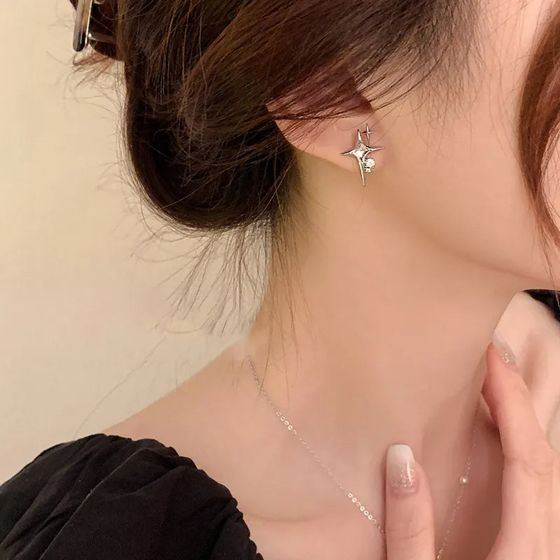 2023 Fashion Silver Color Cross Star Zircon Stud Earrings for Women Girl Korean Four-Pointed Star Personality Earring Jewellery