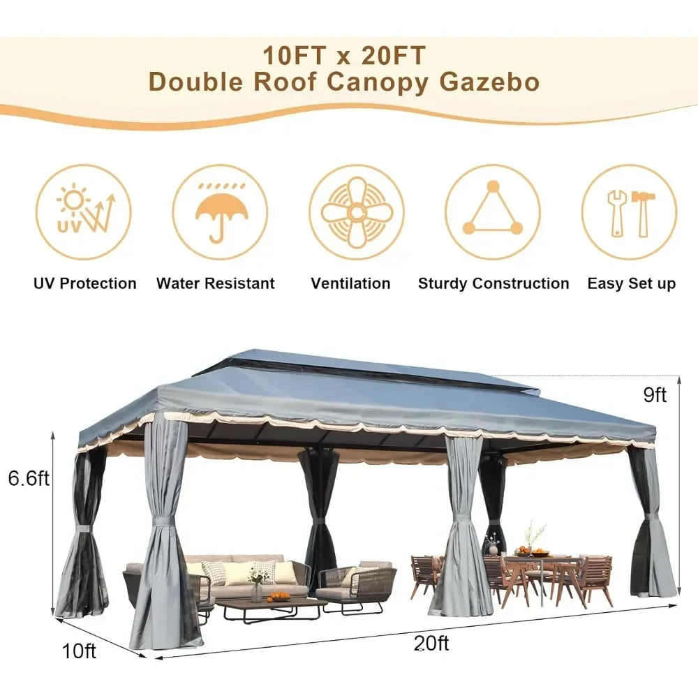 10x20 Gazebo, Double Roof Patio Gazebos Steel Frame with Netting and Shade Curtains for Outdoor Canopy Garden, Patio Gazebo