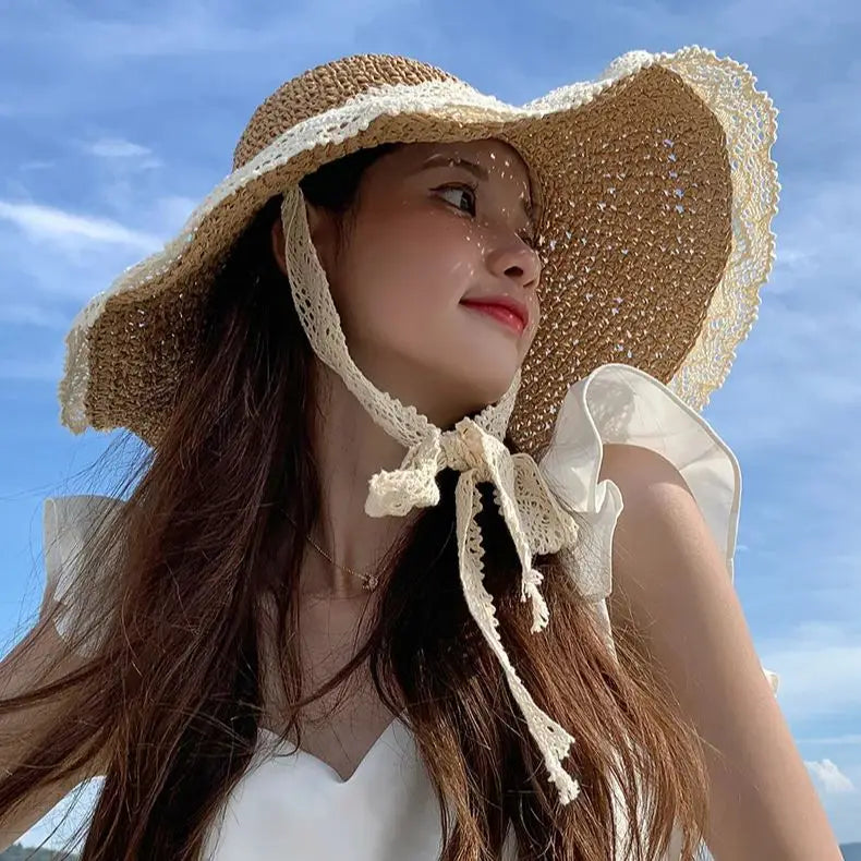 Straw Hat Women Fresh Handmade Fisherman Hat Spell Color Raw Edge Sunshade Hat Korean Version Simple Sunscreen Sun Hat Vacation