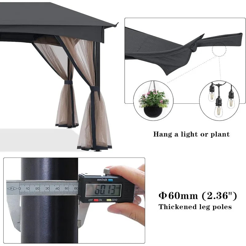 Tool Free Patio Gazebo Screw Free Easy Installation Outdoor Garden Gazebo with Netting Walls (11x11,Gray)