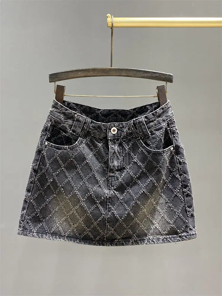 Summer New Diamond Plaid White Denim Skirt Women's High Waist Slimming A- line Anti-Exposure Hot Girl Sheath Skirt