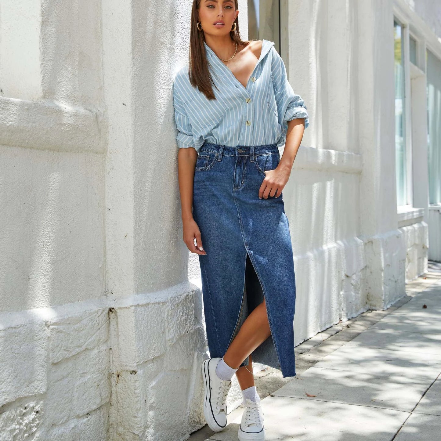 Solid Color Casual Loose Denim Long Skirts For Women 2024 Summer Vintage Women's Midi Jeans Skirt Elegant Fashion Female Skirts