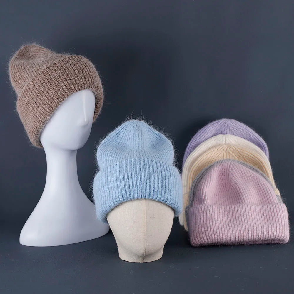 2023 Rabbit Fur Beanies Soft Warm Fluffy Winter Hat for Women Angora Knitted Hat Skullies Beanies Female Bonnet Woman Knit Cap