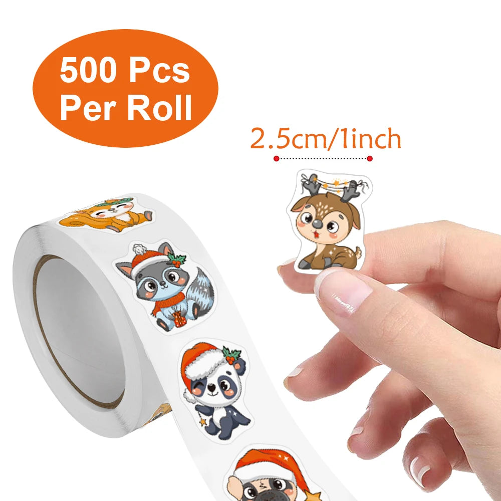 500Pcs/Roll Heterotypic Christmas Themed Animals Stickers 8 Designs 2.5cm/1.0'' DlY Graffiti Holiday Party Decoration Labels