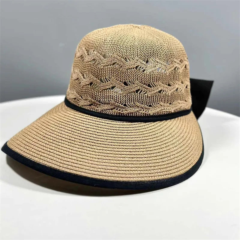 Fashion Korean Version Straw Hat With Hollow And Breathable Sun Hat With Bow Foldable Sunscreen Hat For Women Simple Sun Hat
