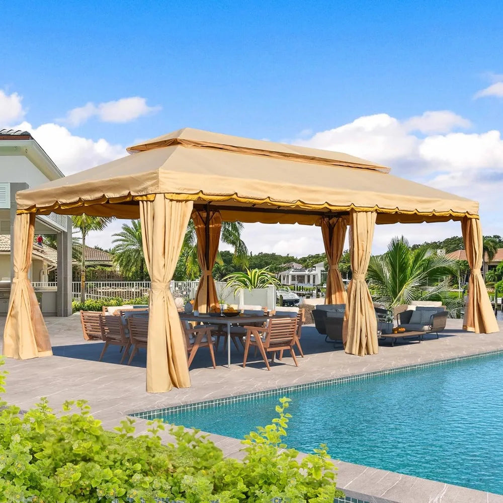 10x20 Gazebo, Double Roof Patio Steel Frame with Netting and Shade Curtains for Outdoor Canopy Garden, Patio Umbrellas Tents