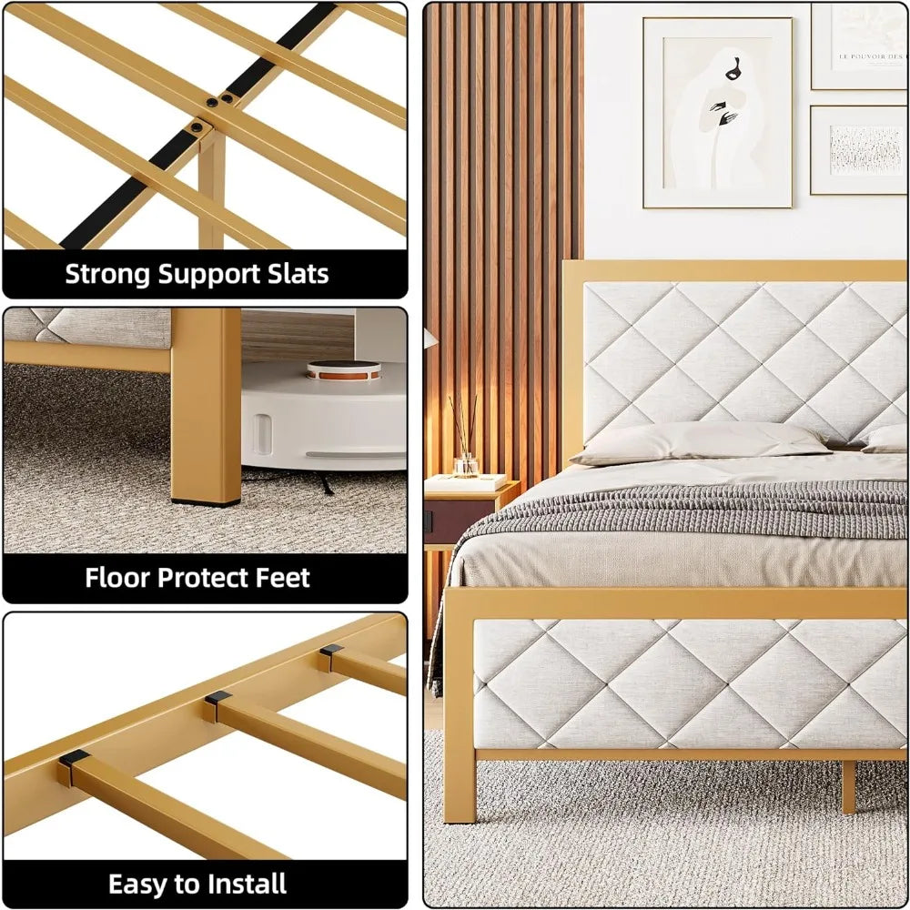 Full-size bed frame, metal bed frame with padded velvet headboard, non-slip and noiseless, platform bed frame with steel slats
