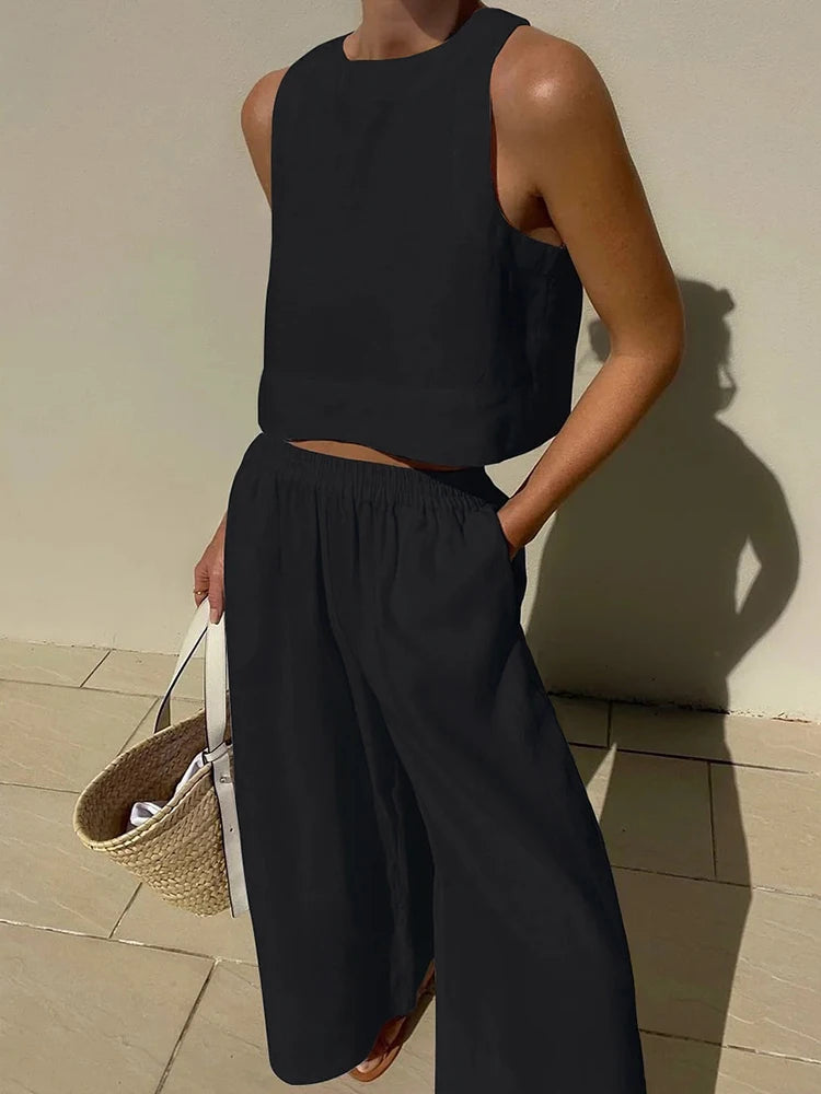 Elegant Two-Piece Summer Set for Women: Chic White or Black Tank Crop Top with Wide Leg Pants
