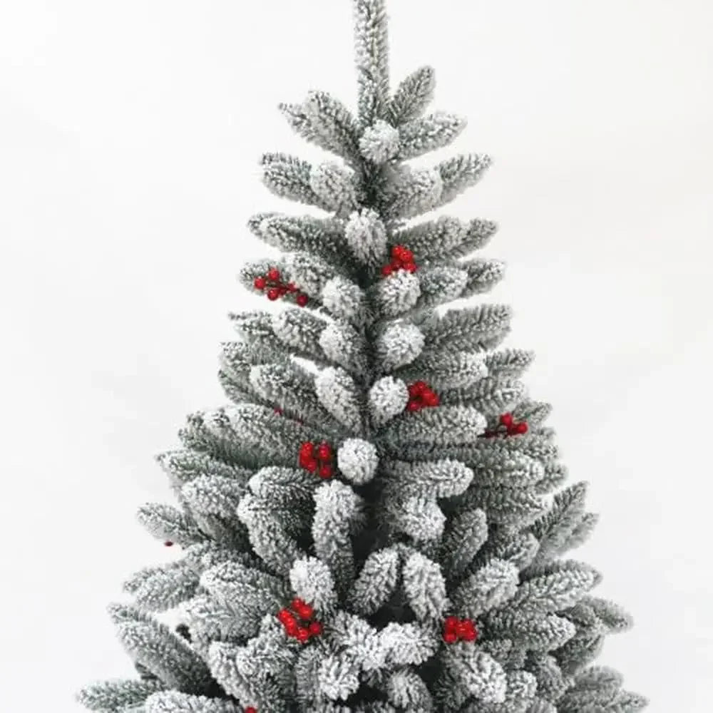 7.5ft Snow Flocked Artificial Spruce Christmas Tree w/Cones & Berries Easy Assembly & Foldable Stand Home Office Party Display