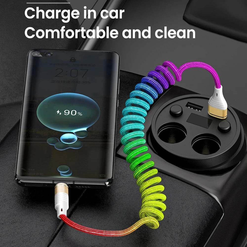 2024 New Rainbow Spring USB Cable 2.4A Fast Charging Cable Data Cable Type C Micro USB Flexible Elastic Stretch Charger Cable