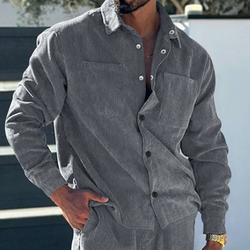 European and American men's oversized multi pocket corduroy casual button work jacket with a lapel collar