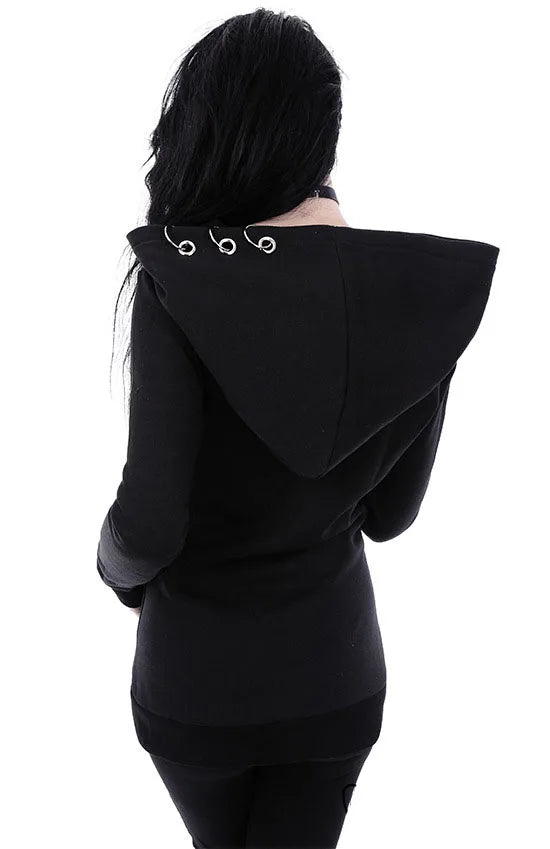 New Arrived Gothic Hooded Coats Black Grommets O-ring Zip Up Pocket Outwears Tops Spring Autumn Wide-waisted Jacket