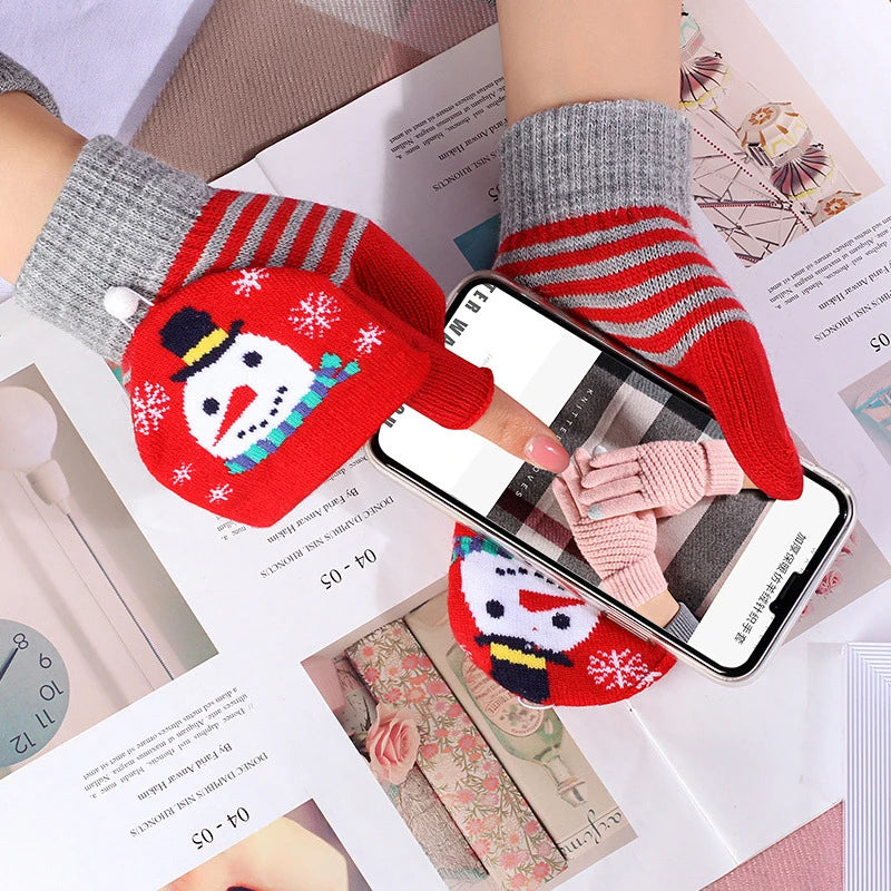 Winter Knitted Fingerless Flip Gloves Christmas Elk Printed Warm Glove Touchscreen Gloves Student Women Half-finger Mittens