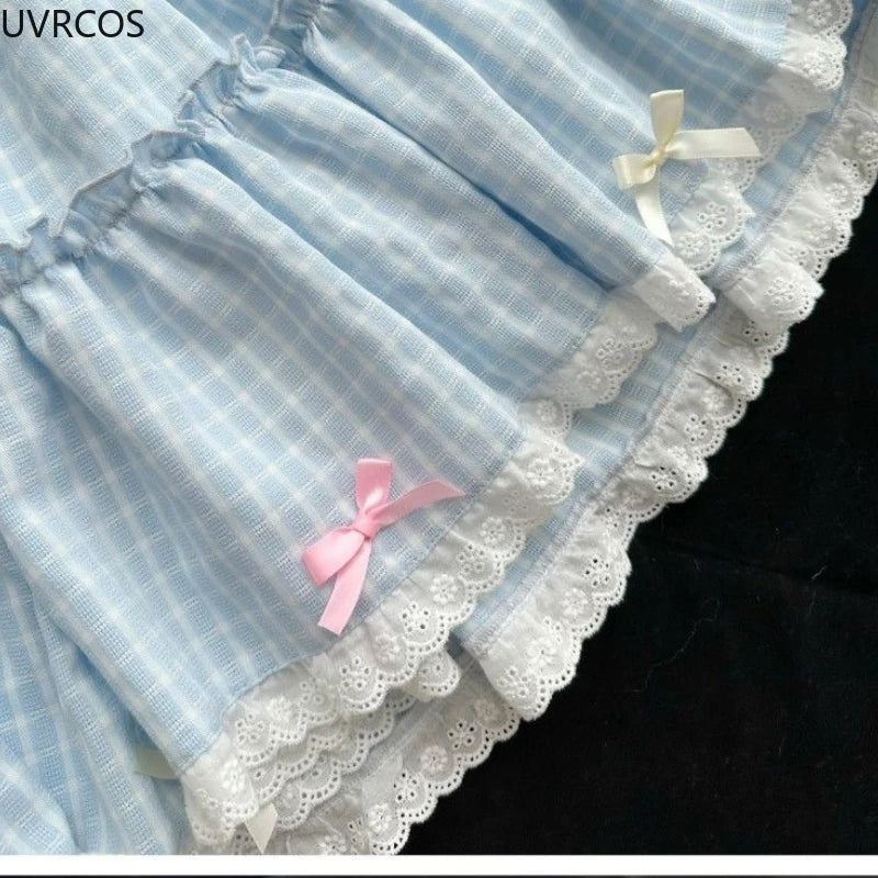 Kawaii Lolita Blue Plaid Mini Skirt Women Harajuku Y2k Aesthetic Bow Short Skirts Japanese Preppy Style Pleated Fairy Skirt 2024