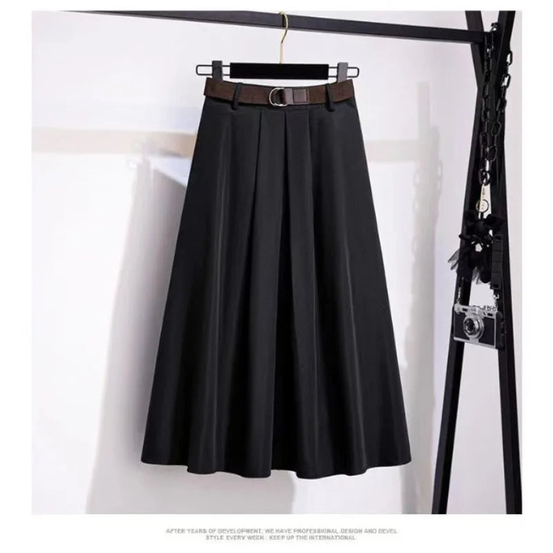 2024Women's Spring and Autumn New Fashion Simple Solid Color Belt Casual Versatile A-line High Waist Mid Length Half Skirt