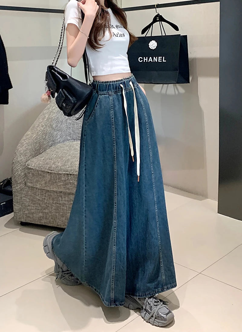 S-XL 2Colors Long Denim Skirt 2024 korean style High Elastic Waist Lace Up A Line Ball Grown Long Jeans Skirts Style (L60098