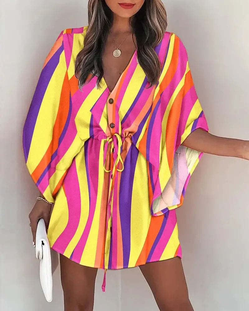 Chic Summer V-Neck Lace-Up Print Beach Dress - Stylish Mini Dress for Women