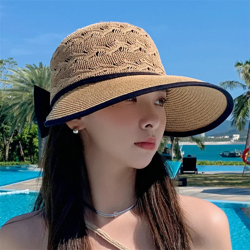 Fashion Korean Version Straw Hat With Hollow And Breathable Sun Hat With Bow Foldable Sunscreen Hat For Women Simple Sun Hat