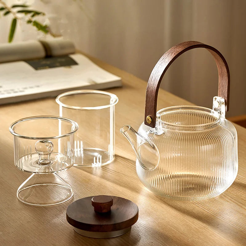 GIANXI Glass Tea Pot With Wooden Handle And Wooden Cover Stainless Steel Filter Steaming Of Tea Set Transparent Glass Teapot
