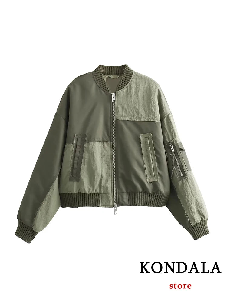 KONDALA Streetwear Armygreen Bomber Jackets Women Patchwork Zipper Pockets Oversized Jackets Fashion 2023 Autumn Winter Coats