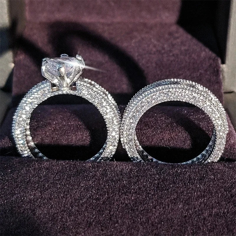 Exquisite Fashion New Design Silver Color Zircon Wedding Ring Set for Women Engagement Finger Anniversary Gift Banquet Jewelry