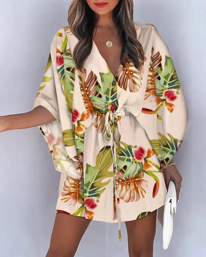 Chic Summer V-Neck Lace-Up Print Beach Dress - Stylish Mini Dress for Women