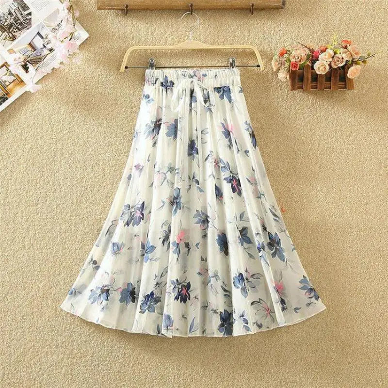 Women Skirt Summer Retro Fashion Beach Harajuku Blue Ink Painting Series Flowers Midskirt Lacing Elastic Waist Female Skirts