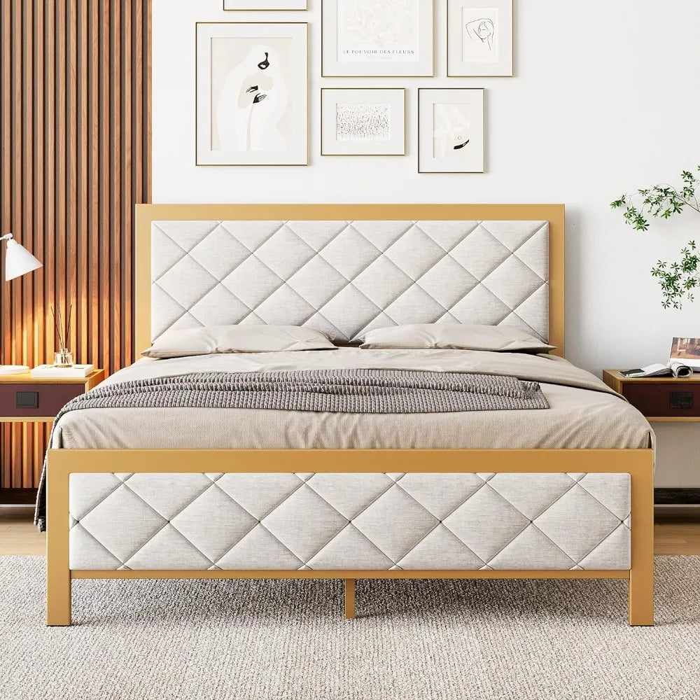 Full-size bed frame, metal bed frame with padded velvet headboard, non-slip and noiseless, platform bed frame with steel slats