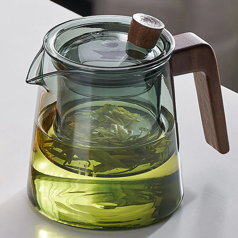 GIANXI Retro Glass Teapot Wood Handle Chinese Tea Ceremony Transparent Teawear Set Cup Filter High Boron Silicon Pot 530ML